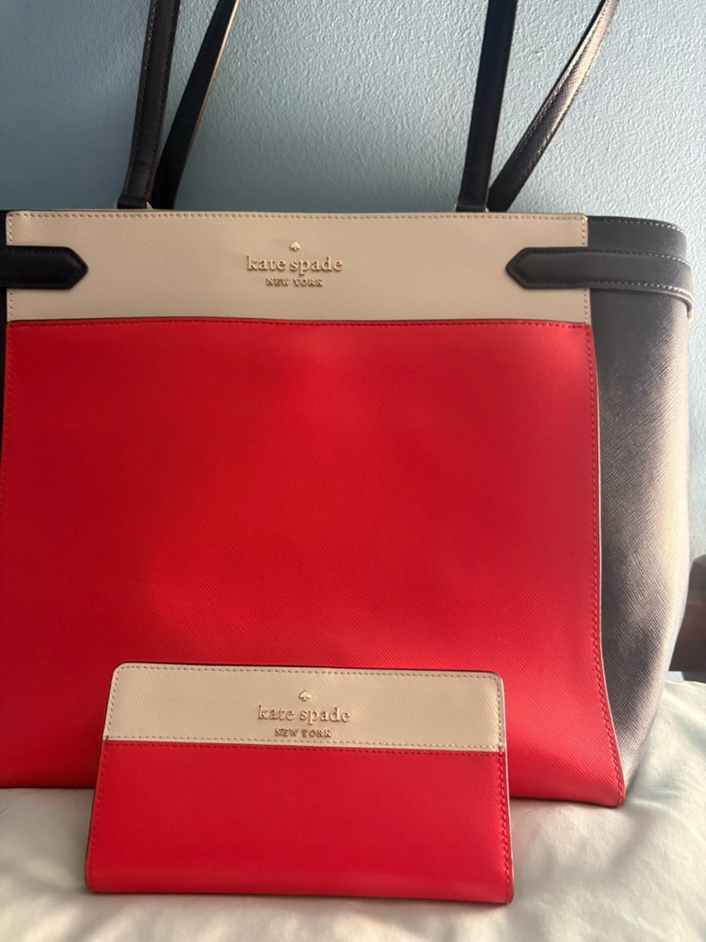 kate spade Red, Cream & Black Colorblock Tote with Matching Wallet